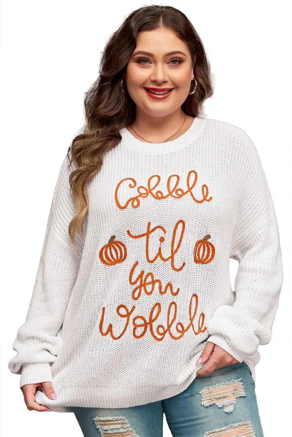White Gobble Til You Wobble Pop Up Crochet Plus Size Sweater - Love Salve